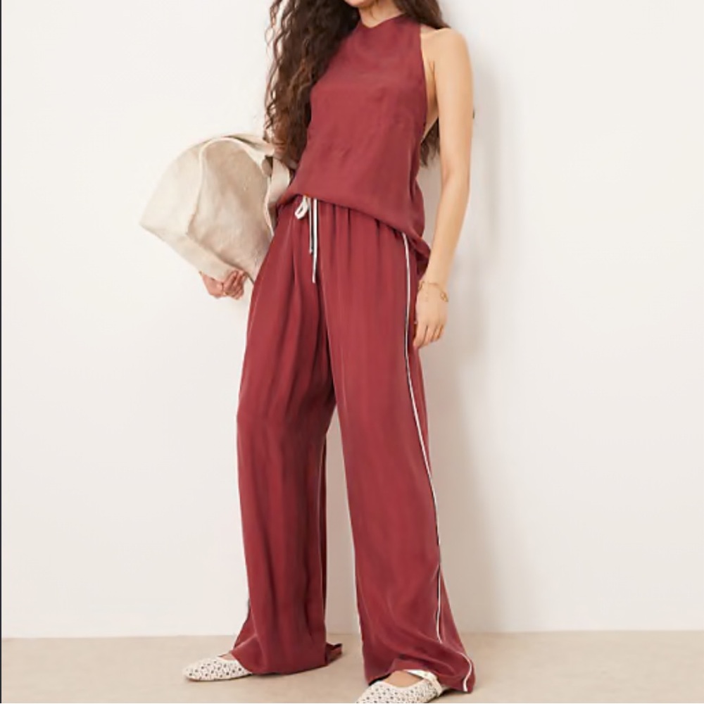VRG GRL- Burgundy Sierra Halter Top and Moonscapes Wide-Leg Pants matching Set
